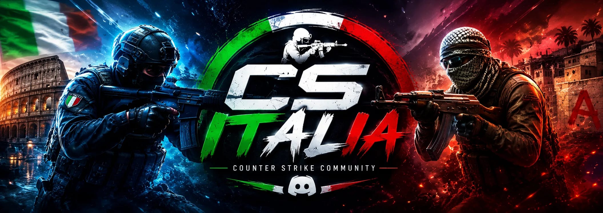 Banner ufficiale CS2 Italia: due operatori di Counter-Strike 2 sullo sfondo del Colosseo